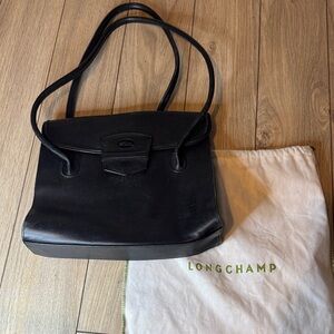 Longchamp vintage Black Leather Double-Handle Shoulder Bag